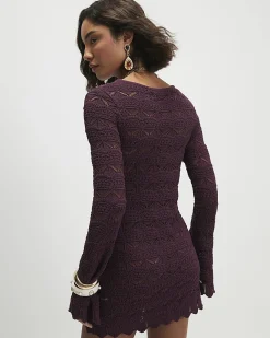 Purple Crochet Knit Boat Neck Mini Dress