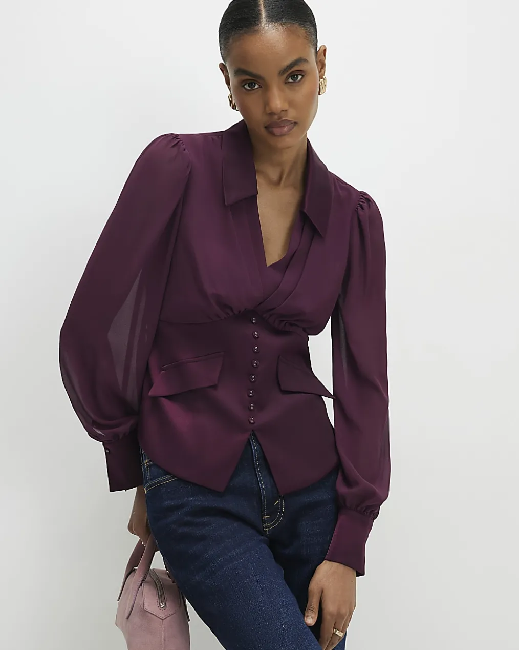 Purple Long Sleeve Corset Detail Blouse
