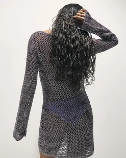 Purple Metallic Long Sleeve Knit Beach Tunic