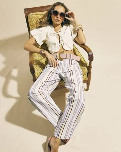Purple Mid Rise Stripe Barrel Leg Jeans
