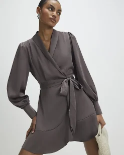 Purple Satin Wrap Front Mini Dress