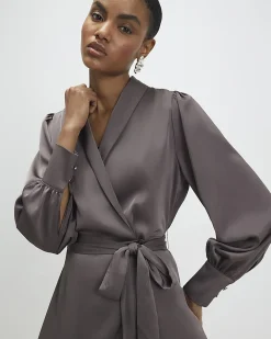 Purple Satin Wrap Front Mini Dress