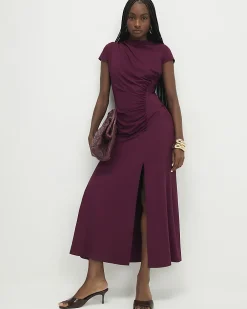 Purple Short Sleeve High Neck Maxi Dress