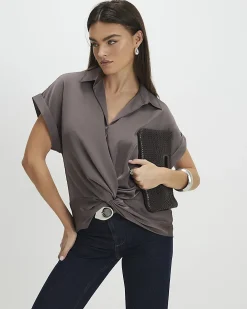 Purple Short Sleeve Wrap Front Blouse