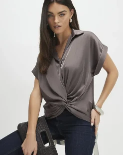 Purple Short Sleeve Wrap Front Blouse