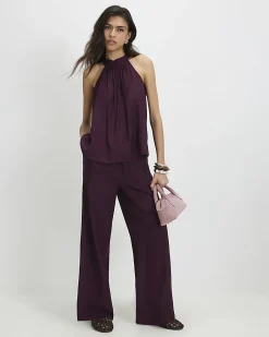 Purple Textured Wide Leg Trousers