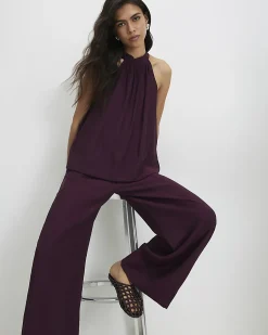 Purple Textured Wide Leg Trousers