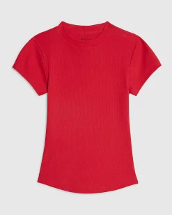 Red Cotton Blend Fitted Ribbed Top