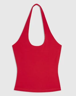 Red Cotton Blend Halter Neck Tank Top