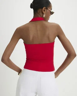 Red Cotton Blend Halter Neck Tank Top