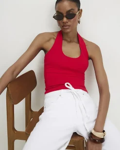 Red Cotton Blend Halter Neck Tank Top