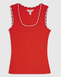 Red Cotton Blend Scallop Trim Tank Top