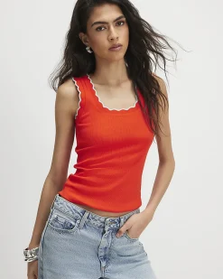 Red Cotton Blend Scallop Trim Tank Top