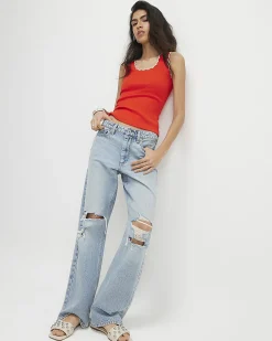 Red Cotton Blend Scallop Trim Tank Top