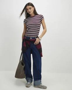 Red Cotton Blend Stripe Fitted Rib T-Shirt