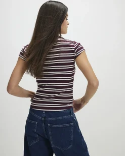 Red Cotton Blend Stripe Fitted Rib T-Shirt