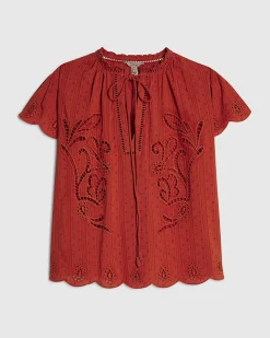 Red Cotton Broderie Tie Neck Blouse