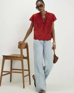 Red Cotton Broderie Tie Neck Blouse
