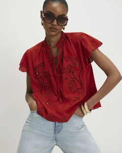 Red Cotton Broderie Tie Neck Blouse