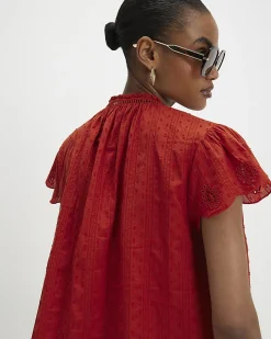 Red Cotton Broderie Tie Neck Blouse