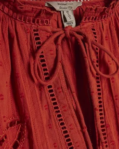Red Cotton Broderie Tie Neck Blouse