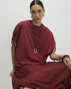Red Cotton Ruched Sleeve T-Shirt