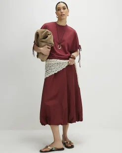 Red Cotton Ruched Sleeve T-Shirt