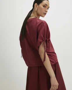 Red Cotton Ruched Sleeve T-Shirt