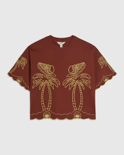 Red Cotton Shell Embroidered Crop T-shirt