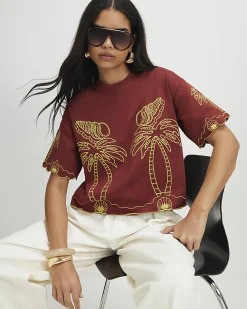 Red Cotton Shell Embroidered Crop T-shirt