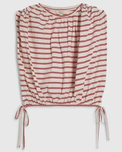 Red Cotton Sleeveless Striped Bubble Hem Top