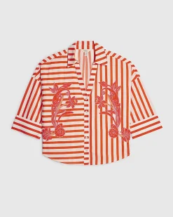 Red Cotton Stripe Beaded Shirt