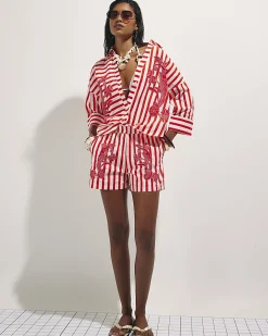 Red Cotton Stripe Beaded Shirt