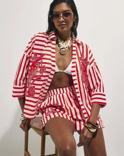 Red Cotton Stripe Beaded Shirt