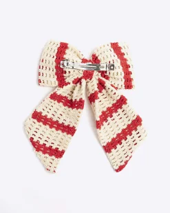 Red Crochet Striped Bow Hair Clip