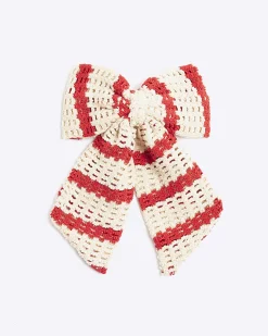 Red Crochet Striped Bow Hair Clip