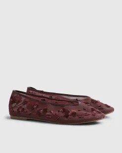 Red Floral Embroidered Mesh Ballet Pumps
