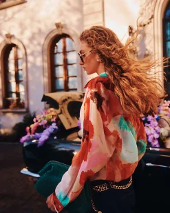 Red Floral Print Long Sleeve Blouse