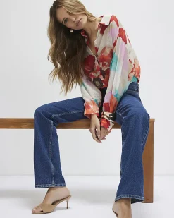 Red Floral Print Long Sleeve Blouse