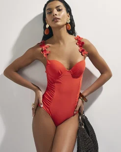 Red Flower Strap Detail Ruched Swimsuit