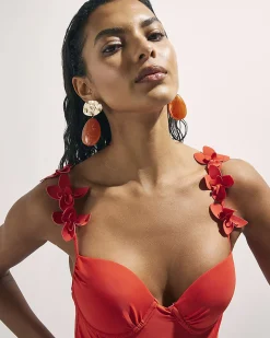 Red Flower Strap Detail Ruched Swimsuit