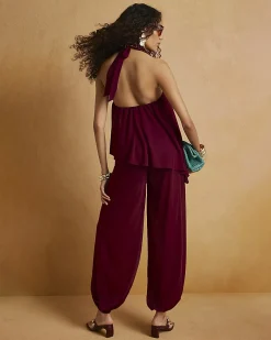 Red Halter Neck Balloon Leg Jumpsuit