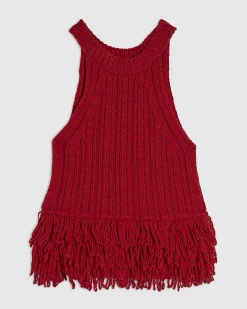 Red Knitted Fringe Trim Vest Top