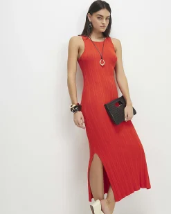 Red Knitted Racer Neck Ribbed Midi Dress