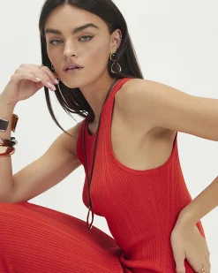 Red Knitted Racer Neck Ribbed Midi Dress