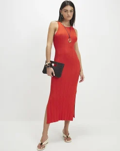Red Knitted Racer Neck Ribbed Midi Dress