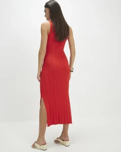 Red Knitted Racer Neck Ribbed Midi Dress