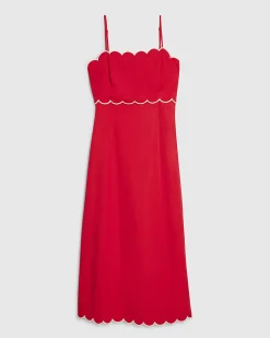 Red Linen Blend Scallop Trim Midi Dress
