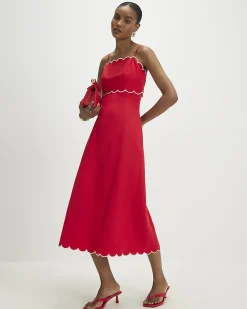 Red Linen Blend Scallop Trim Midi Dress
