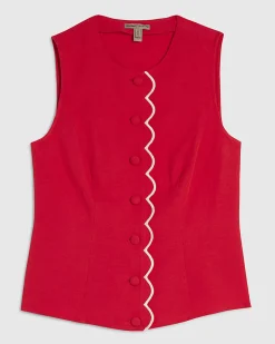 Red Linen Blend Scallop Trim Waistcoat